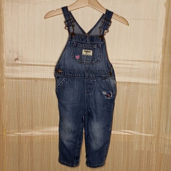 Osh Kosh B'Gosh Toddler Girls Denim Overalls With Patches 12 Months - Picture 1 of 5